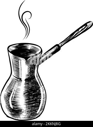 Handgezeichnete Ikone mit Kaffeemaschine, Turk. Skizzieren Sie Die Kaffee-Illustration Im Schwarzweiß-Stil. Ideal für Etiketten, Banner, Poster Stock Vektor