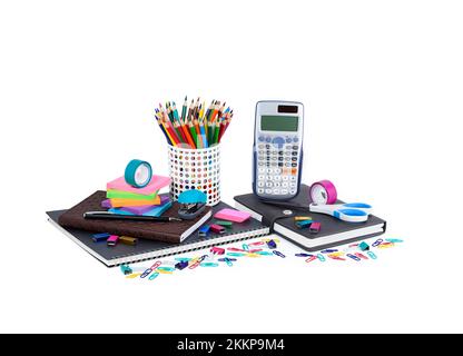 Schule und Büro liefert isolierten auf weißen Hintergrund Stockfoto