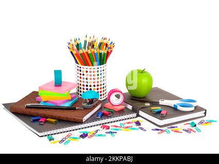 Schule und Büro liefert isolierten auf weißen Hintergrund Stockfoto