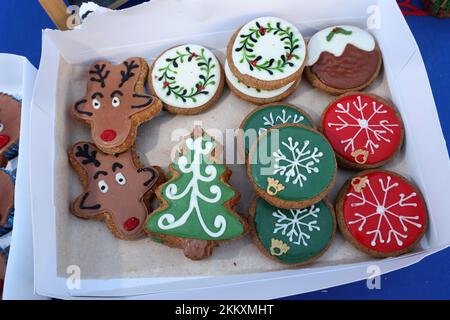 Besondere Weihnachtsgeschenke für Hunde auf einem Marktstand in Lee-on-Solent, Hampshire, Großbritannien. Stockfoto