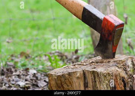 Nahaufnahme einer Axt, die in einem Holz steckte Stockfoto