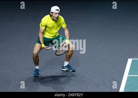 Malaga, Spanien. 25.. November 2022. Alex de Minaur von Australien feiert den Sieg gegen Marin Cilic von Kroatien während des zweiten Tennisspiels der Davis Cup Finals 2022, Halbfinalrunde, gespielt zwischen Australien und Kroatien am 25. november 2022 im Palacio de Deportes Martin Carpena Pavillon in Malaga, Spanien - Foto: Oscar J Barroso/DPPPI/LiveMedia Credit: Unabhängige Fotoagentur/Alamy Live News Stockfoto