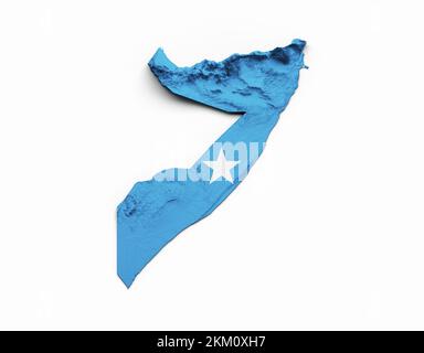 die 3D-Karte von Somalia mit der Farbe der Flagge und des schattierten Reliefs, Farbenhöhe auf weißem Hintergrund Stockfoto