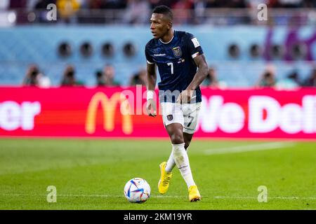 Ar Rayyan, Katar. 25.. November 2022. Fußball: Weltmeisterschaft, Niederlande - Ecuador, Vorrunde, Gruppe A, Spieltag 2, Chalifa International Stadium, Ecuadors Pervis Estupinan in Aktion. Kredit: Tom Weller/dpa/Alamy Live News Stockfoto