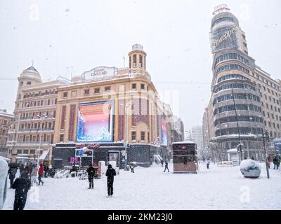 Plaza de Callao nevada. Madrid. España Stockfoto