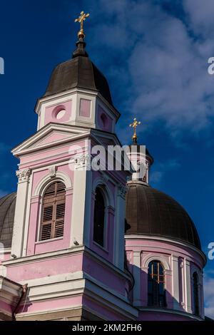 Ein Außenblick auf die rosafarbene Kathedrale des heiligen Geistes von Chernivtsi vor einem wolkigen Himmel Stockfoto