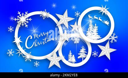 Weihnachtsgrußkarte in weißem Design - mit der Beschriftung Merry Christmas , Eissternen, Schneeflocken, Bäume, Rentiere und Schlitten auf blauem Hintergrund Stockfoto