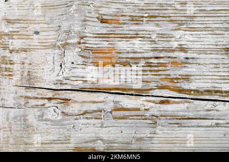 Bretter, massives Holz. Alte lackierte Texturbretter. Weiße Farbspuren. Texturhintergrund Stockfoto