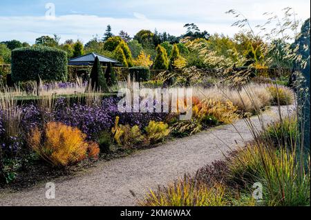 Herbstfarbe und Interesse am modernen Country Garden in der RHS Hyde Hall. Stockfoto