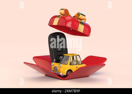 Autoalarm-Fernbedienung mit gelbem Cartoon Auto in geöffnetem rotem Geschenkkarton mit goldenem Band auf pinkfarbenem Hintergrund. 3D-Rendering Stockfoto