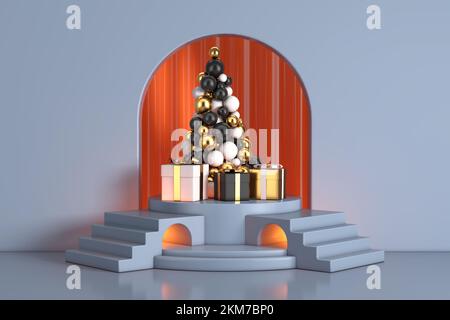 Goldene Bälle in Form eines Weihnachtsbaums und Geschenkboxen auf dem Blue Cylinder Promotion Stand Podium mit Bogenfenster im Studio-Zimmer mit Stufen extrem Stockfoto