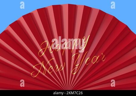 Roter China-Fan mit „Happy New Year“-Schild auf blauem Hintergrund. 3D-Rendering Stockfoto