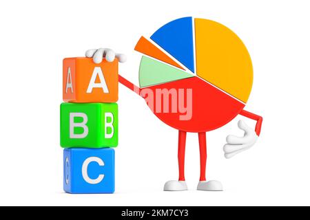 Info Grafiken Tortendiagramm für Unternehmen Figur Person mit Alphabet ABC Bildungswürfel auf weißem Hintergrund. 3D-Rendering Stockfoto