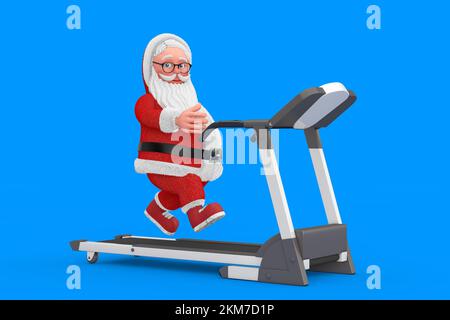 Der Weihnachtsmann Granpa läuft auf einem Laufband auf blauem Hintergrund. 3D-Rendering Stockfoto