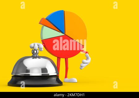 Infografiken Kreisdiagramm Figur Person mit Glockenruf vom Hotelservice auf gelbem Hintergrund. 3D-Rendering Stockfoto