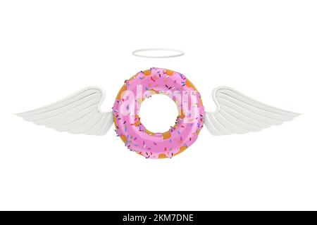 Big Strawberry Pink Glazed Donut mit Angel Wings auf weißem Hintergrund. 3D-Rendering Stockfoto