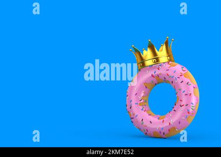 Big Strawberry Pink Glazed Donut mit Golden Crown auf blauem Hintergrund. 3D-Rendering Stockfoto