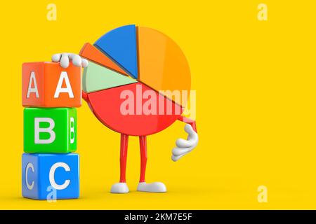 Infografiken Tortendiagramm für Unternehmen Figur Person mit Buchstabe ABC Ausbildungswürfel auf gelbem Hintergrund. 3D-Rendering Stockfoto