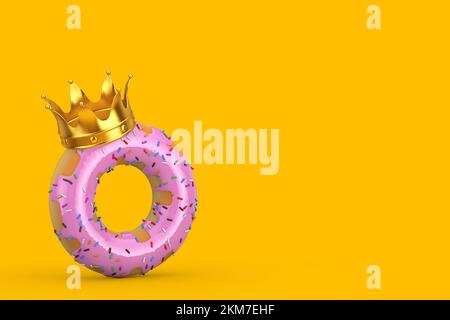 Big Strawberry Pink Glazed Donut mit Golden Crown auf gelbem Hintergrund. 3D-Rendering Stockfoto