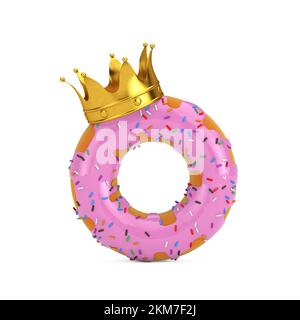 Big Strawberry Pink Glazed Donut mit Golden Crown auf weißem Hintergrund. 3D-Rendering Stockfoto