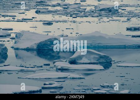 Die Eisfeild und Eisberge, die im Antarktischen Ozean fließen. Mit Schichten aus Eis und Schnee, die die Eisberge bilden. Stockfoto