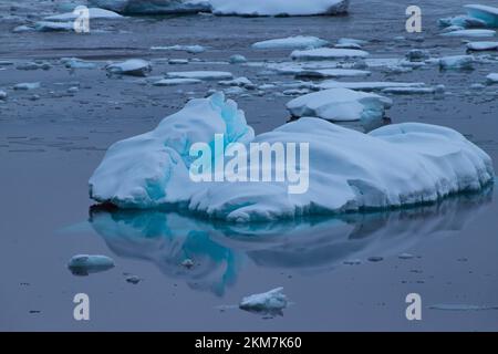 Die Eisfeild und Eisberge, die im Antarktischen Ozean fließen. Mit Schichten aus Eis und Schnee, die die Eisberge bilden. Stockfoto