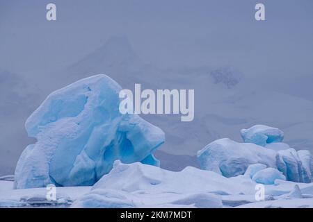 Die Eisfeild und Eisberge, die im Antarktischen Ozean fließen. Mit Schichten aus Eis und Schnee, die die Eisberge bilden. Stockfoto