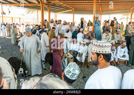 NIZWA, OMAN - 18. NOVEMBER 2022: Nizwa-Ziegenmarkt. Traditioneller Tierbasar in Nizwa, Oman. Stockfoto