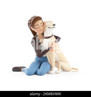 3D Cartoon-Frau umarmt ihren Hund auf dem Boden, Illustration isoliert auf weißem Hintergrund Stockfoto