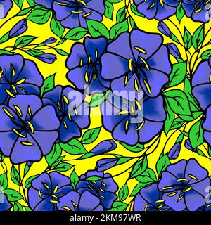 Nahtloses Muster großer blauer Blumen auf gelbem Hintergrund, Struktur, Design Stockfoto