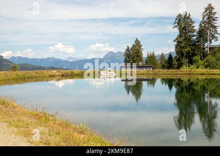 Eine wunderschöne Landschaft eines Sees mit grünen Bäumen, die auf dem Wasser reflektieren Stockfoto