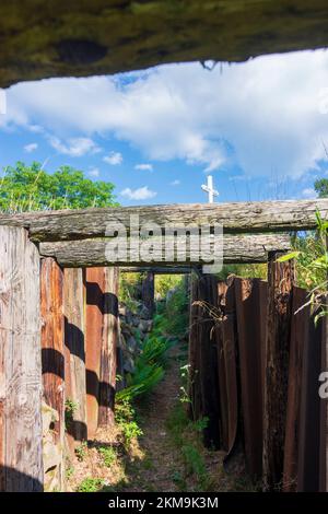 Vogesengebirge: Kreuzung und Schützengräben bei Hartmannswillerkopf (Vieil Armand, Hartmannsweiler Kopf), Nationaldenkmal des Ersten Weltkriegs für das f Stockfoto