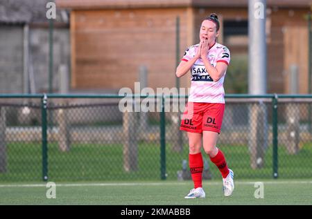 Zulte, Belgien. 26.. November 2022. Lisa Lefere (7) von Zulte-Waregem sah deprimiert und enttäuscht aus während eines Fußballspiels zwischen SV Zulte - Waregem und WS Woluwe am 12.. Spieltag der Saison 2022 - 2023 der belgischen Lotto Womens Super League am samstag, den 29. Oktober 2022 in Zulte , Belgien . FOTO SPORTPIX | DAVID CATRY Kredit: David Catry/Alamy Live News Stockfoto