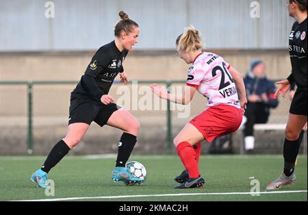 Zulte, Belgien. 26.. November 2022. Stefanie Deville (14) von Woluwe mit Laura Vervacke (20) von Zulte-Waregem während eines Fußballspiels zwischen SV Zulte - Waregem und WS Woluwe am 12.. Spieltag der Saison 2022 - 2023 der belgischen Lotto Womens Super League , samstag, den 29. Oktober 2022 in Zulte , Belgien . FOTO SPORTPIX | DAVID CATRY Kredit: David Catry/Alamy Live News Stockfoto