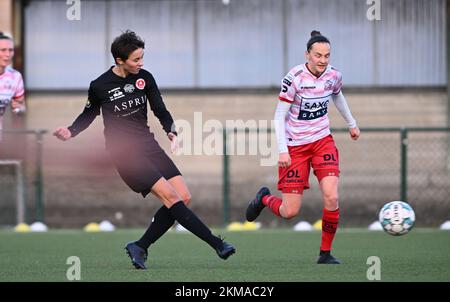 Zulte, Belgien. 26.. November 2022. Camille Dinjart (9) von Woluwe mit Elke Van Gorp (14) von Zulte-Waregem während eines Fußballspiels zwischen SV Zulte - Waregem und WS Woluwe am 12.. Spieltag der Saison 2022 - 2023 der belgischen Lotto Womens Super League samstag , den 29 . Oktober 2022 in Zulte , Belgien . FOTO SPORTPIX | DAVID CATRY Kredit: David Catry/Alamy Live News Stockfoto