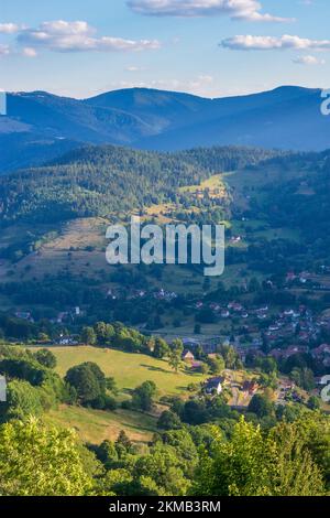 Vogesengebirge: Bauernhäuser am Col du Wettstein, Vogesen-Gebirge im Elsass, Haut-Rhin (Oberelsass), Frankreich Stockfoto