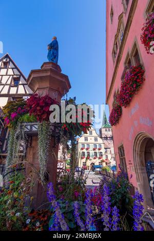 Turckheim (Türkheim): Rathaus, Kirche Sainte-Anne, Brunnen im Elsass, Haut-Rhin (Oberelsass), Frankreich Stockfoto