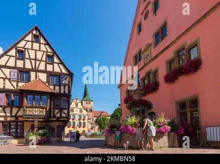 Turckheim (Türkheim): Rathaus, Kirche Sainte-Anne, Brunnen im Elsass, Haut-Rhin (Oberelsass), Frankreich Stockfoto