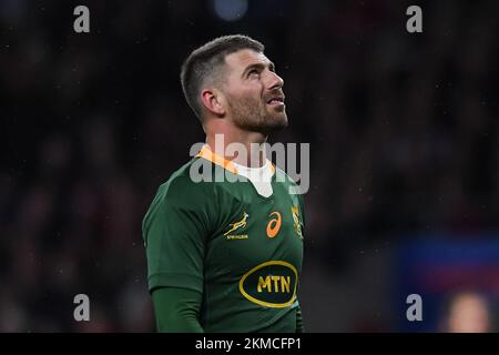 Willie le Roux aus Südafrika während des internationalen Herbstspiels England gegen Südafrika im Twickenham Stadium, Twickenham, Großbritannien, 26.. November 2022 (Foto: Mike Jones/News Images) Stockfoto