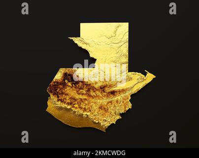 Eine 3D-Darstellung der Guatemala-Karte in goldener Metallfarbe, isoliert auf schwarzem Hintergrund Stockfoto