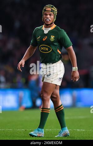 Kurt-Lee Arendse aus Südafrika während des internationalen Herbstspiels England gegen Südafrika im Twickenham Stadium, Twickenham, Großbritannien, 26.. November 2022 (Foto: Mike Jones/News Images) Stockfoto