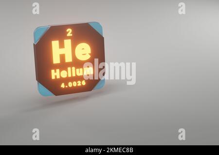 Wunderschöne abstrakte Illustrationen, die schwarz stehen und Helium He 2 Element des Periodensystems abfeuern. Modernes Design mit goldenen Elementen, 3D-Rendering Stockfoto