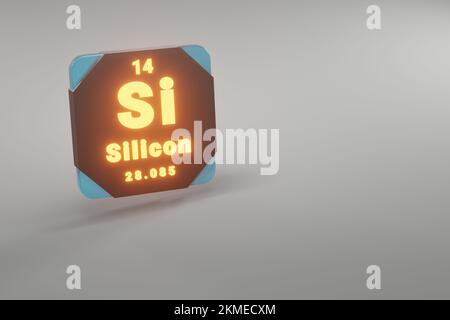 Wunderschöne abstrakte Illustrationen, die schwarz und feuerfest stehen Silizium-Element des Periodensystems. Modernes Design mit goldenen Elementen, 3D-Rendering-Illu Stockfoto