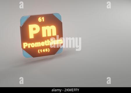 Wunderschöne abstrakte Illustrationen, die schwarz und feuerfest stehen Promethium-Element des Periodensystems. Modernes Design mit goldenen Elementen, 3D-Rendering i Stockfoto