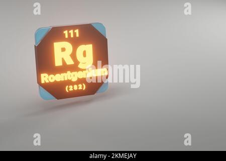 Wunderschöne abstrakte Illustrationen, die schwarz und feuerfest stehen, Roentgenium-Element des Periodensystems. Modernes Design mit goldenen Elementen, 3D-Rendering Stockfoto