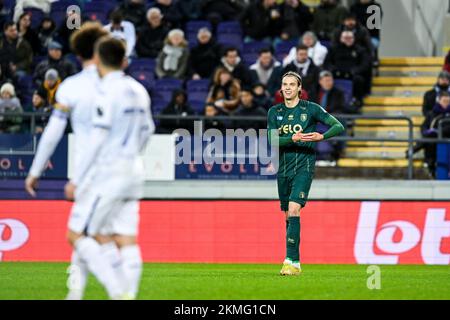 Beerschot's Nokkvi Thorisson feiert seine Feier, nachdem er bei einem Fußballspiel zwischen RSCA Futures (U23) und Beerschot VA am Samstag, den 26. November 2022, in Brüssel am 15. Tag der 1B. Division der belgischen Meisterschaft „Challenger Pro League“ von 2022-2023 ein Tor geschossen hat. BELGA FOTO TOM GOYVAERTS Stockfoto