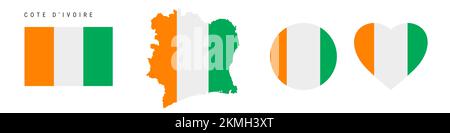 Ivoire-Flaggen-Symbolsatz. Elfenbeinküste-Wimpel in offiziellen Farben und Proportionen. Rechteckig, kartenförmig, kreisförmig und herzförmig. Flache Illustrationen Stockfoto