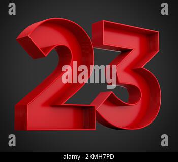 Ein 3D-Rendering der Zahl 23 in Rot auf schwarzem Hintergrund - Symbol 23 Stockfoto