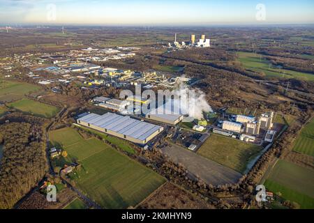 Luftaufnahme, Baustelle Verteilerpark zwischen Trianelstraße und Trianel GasKraftwerk im Bezirk Uentrop in Hamm, Ruhrgebiet, Nordrhein Stockfoto