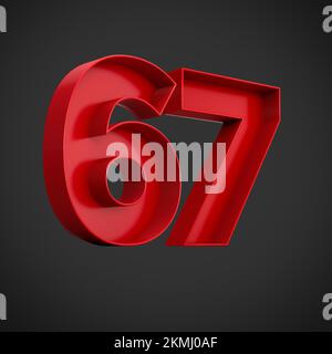 Ein 3D-Rendering der Zahl 67 in Rot auf schwarzem Hintergrund - Symbol 67 Stockfoto